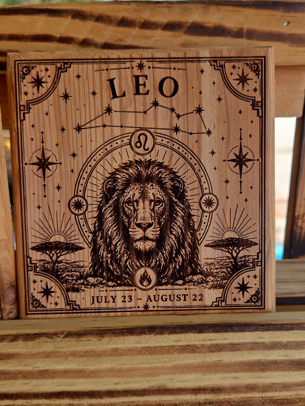 Leo Zodiac Wood Engraving Plaque Coaster - Lion Design